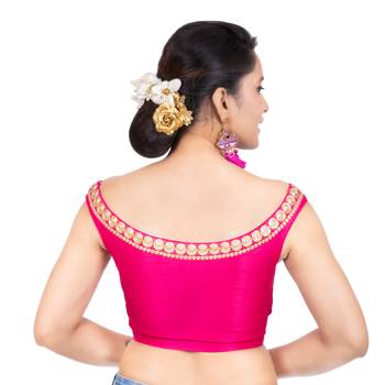 Pink Blue Boat Neck Dupion Silk Off Shoulder Sleeveless Side Zipper Readymade blouse 4