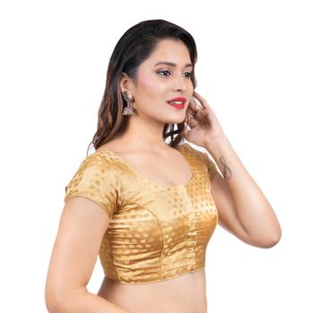 Desginer Brocade Leaf Desgin Round Neck Dark Gold Short Sleeves Readymade blouse 3
