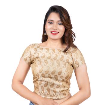 Brocade Desginer Cream Short Sleeves Back Open Full Zipper Readymade Long blouse 1