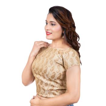 Brocade Desginer Cream Short Sleeves Back Open Full Zipper Readymade Long blouse 2