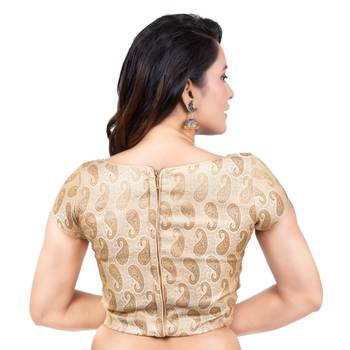 Brocade Desginer Cream Short Sleeves Back Open Full Zipper Readymade Long blouse 4
