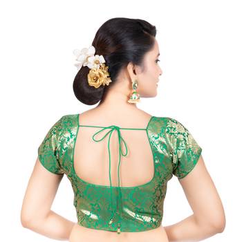 Brocade Green Short Sleeves Readymade blouse 4