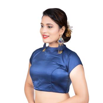 Navy Blue Desginer High Neck Dupion Silk Short Sleeves Back Open Full Zipper Readymade blouse 1