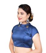 Navy Blue Desginer High Neck Dupion Silk Short Sleeves Back Open Full Zipper Readymade blouse