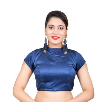 Navy Blue Desginer High Neck Dupion Silk Short Sleeves Back Open Full Zipper Readymade blouse 2