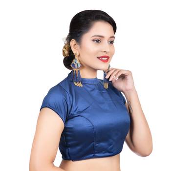 Navy Blue Desginer High Neck Dupion Silk Short Sleeves Back Open Full Zipper Readymade blouse 3
