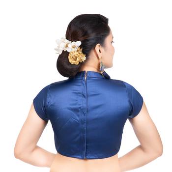 Navy Blue Desginer High Neck Dupion Silk Short Sleeves Back Open Full Zipper Readymade blouse 4