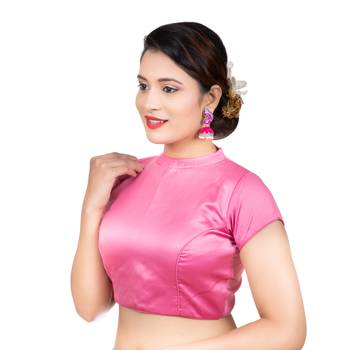 Pink Desginer High Neck Dupion Silk Short Sleeves Back Open Full Zipper Readymade blouse 1
