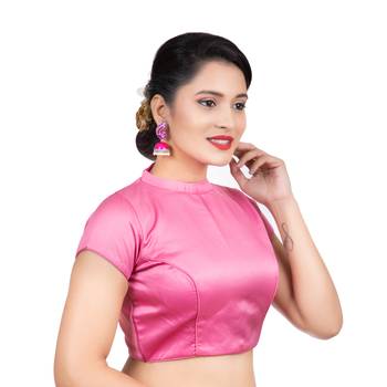 Pink Desginer High Neck Dupion Silk Short Sleeves Back Open Full Zipper Readymade blouse 3