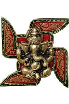 Ganesha Placed on Swastik Aluminium Metal Wall Hanging