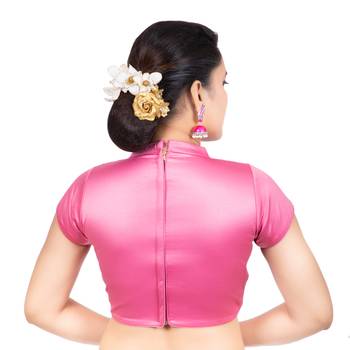 Pink Desginer High Neck Dupion Silk Short Sleeves Back Open Full Zipper Readymade blouse 4
