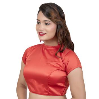 Rust Desginer High Neck Dupion Silk Short Sleeves Back Open Full Zipper Readymade blouse 1