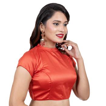 Rust Desginer High Neck Dupion Silk Short Sleeves Back Open Full Zipper Readymade blouse 3