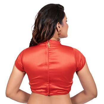 Rust Desginer High Neck Dupion Silk Short Sleeves Back Open Full Zipper Readymade blouse 4