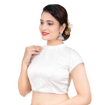 White Desginer High Neck Dupion Silk Short Sleeves Back Open Full Zipper Readymade blouse 1