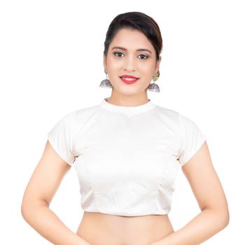 White Desginer High Neck Dupion Silk Short Sleeves Back Open Full Zipper Readymade blouse 2