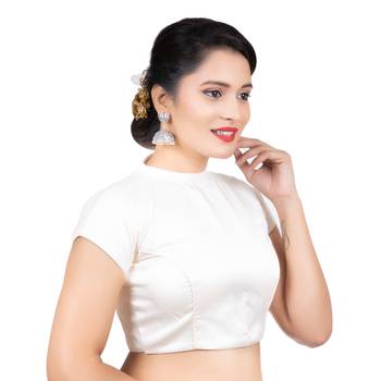 White Desginer High Neck Dupion Silk Short Sleeves Back Open Full Zipper Readymade blouse 3