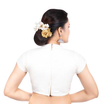 White Desginer High Neck Dupion Silk Short Sleeves Back Open Full Zipper Readymade blouse 4