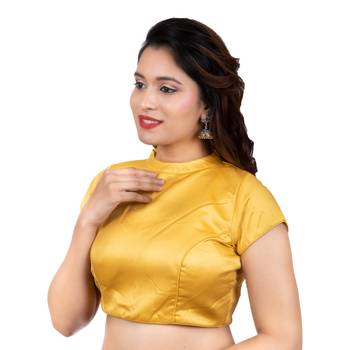 Yellow Desginer High Neck Dupion Silk Short Sleeves Back Open Full Zipper Readymade blouse 1
