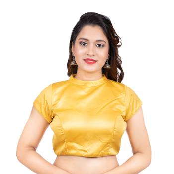 Yellow Desginer High Neck Dupion Silk Short Sleeves Back Open Full Zipper Readymade blouse 2
