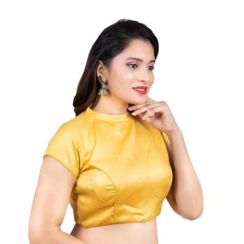 Yellow Desginer High Neck Dupion Silk Short Sleeves Back Open Full Zipper Readymade blouse 3