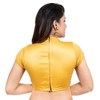 Yellow Desginer High Neck Dupion Silk Short Sleeves Back Open Full Zipper Readymade blouse 4