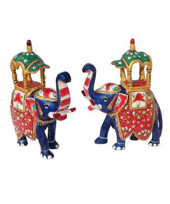 Hand Painted Metal Enamelled Pair of Ambari Elephant 1