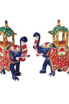 Hand Painted Metal Enamelled Pair of Ambari Elephant