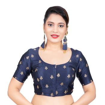 Navy Blue Dupion Silk Embroidered Elbow Sleeves Readymade blouse 1