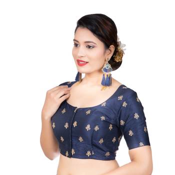 Navy Blue Dupion Silk Embroidered Elbow Sleeves Readymade blouse 2