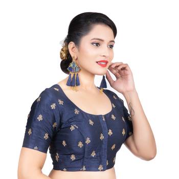 Navy Blue Dupion Silk Embroidered Elbow Sleeves Readymade blouse 3
