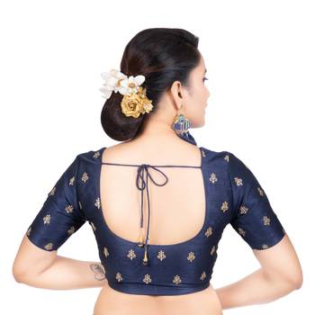 Navy Blue Dupion Silk Embroidered Elbow Sleeves Readymade blouse 4