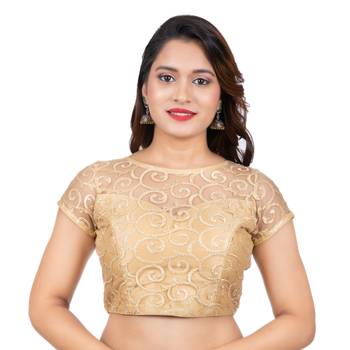 Gold High Neck Dupion Silk Full Net Short Sleeves Back Open Readymade blouse 1