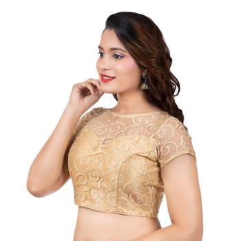 Gold High Neck Dupion Silk Full Net Short Sleeves Back Open Readymade blouse 2