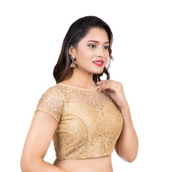 Gold High Neck Dupion Silk Full Net Short Sleeves Back Open Readymade blouse 3