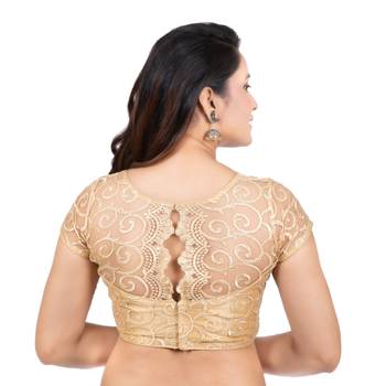 Gold High Neck Dupion Silk Full Net Short Sleeves Back Open Readymade blouse 4