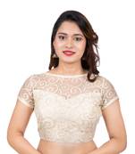 Bright Gold High Neck Dupion Silk Full Net Short Sleeves Back Open Readymade blouse