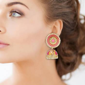 Pink Hand Painted Light Weight  Kundan Jhumkaas 1