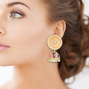 Orange Hand Painted Light Weight Kundan Danglers Drops 1
