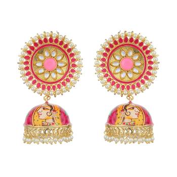 Pink Hand Painted Light Weight  Kundan Jhumkaas 2