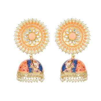 Orange Hand Painted Light Weight Kundan Danglers Drops 2