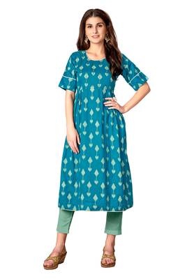 Kimisha Turquoise Blue Cotton Printed Anarkali Kurti 1