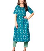 Kimisha Turquoise Blue Cotton Printed Anarkali Kurti