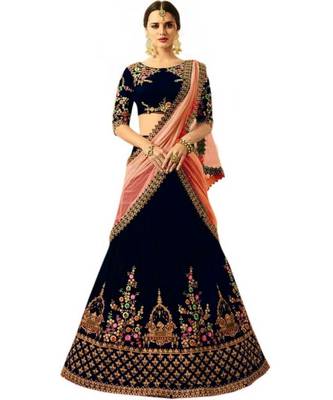 Neavy Blue Embroidered Satin With Blouse Stylish Lahengha Choli 1