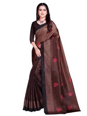 Brown printed shimmer saree with blouse 1