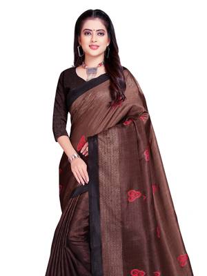 Brown printed shimmer saree with blouse 2