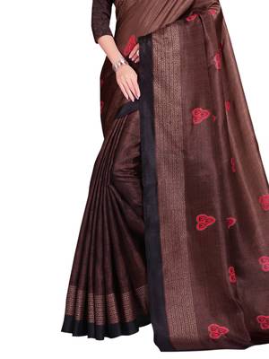 Brown printed shimmer saree with blouse 3