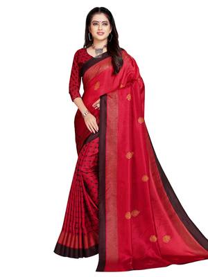 Red printed shimmer saree with blouse 1