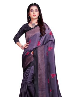 Purple printed shimmer saree with blouse 2
