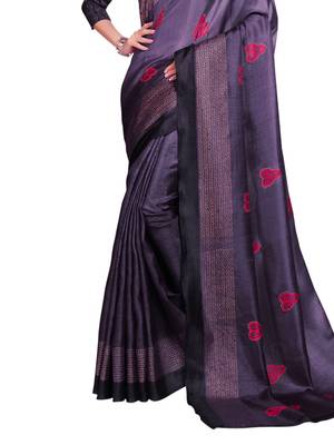 Purple printed shimmer saree with blouse 3